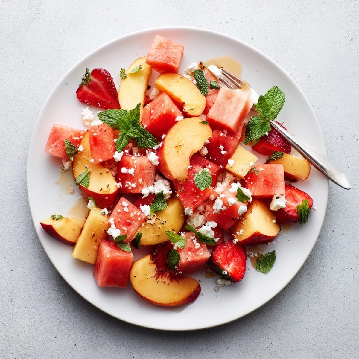 Fresh summer peach watermelon salad bowl with juicy fruit cubes and bright mint leaves.