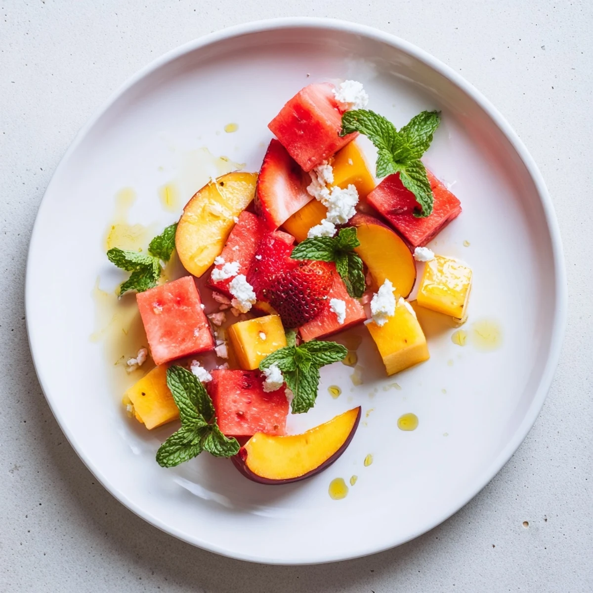 Summer peach watermelon salad drizzled with tangy lime dressing on a white serving platter.