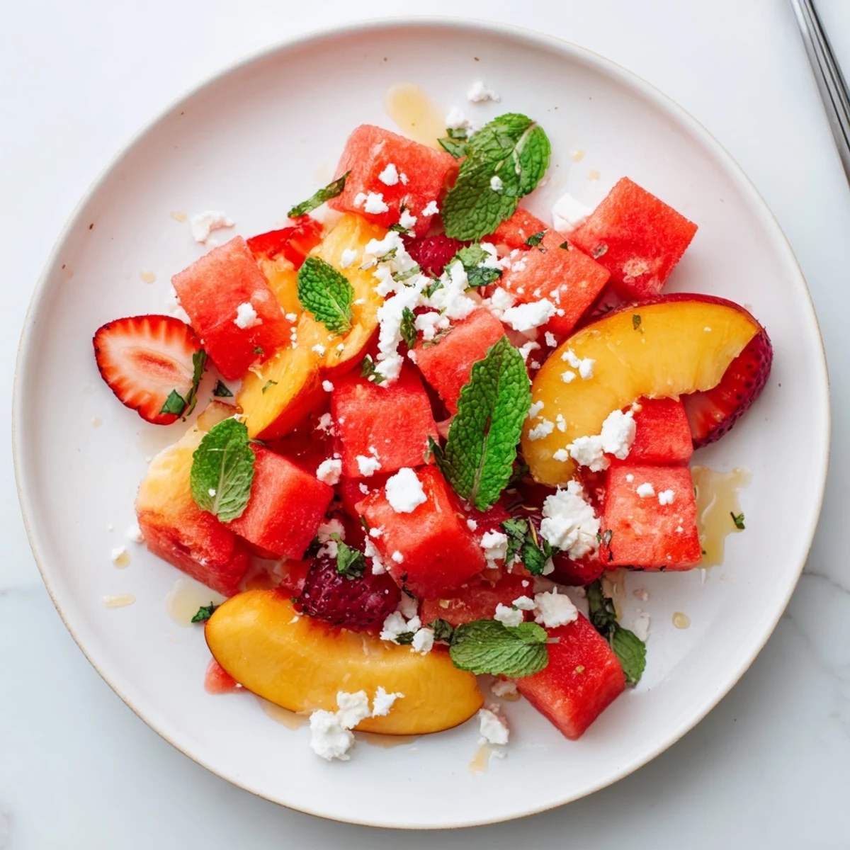 Colorful summer peach watermelon salad featuring ripe peach slices and watermelon cubes tossed with herbs.