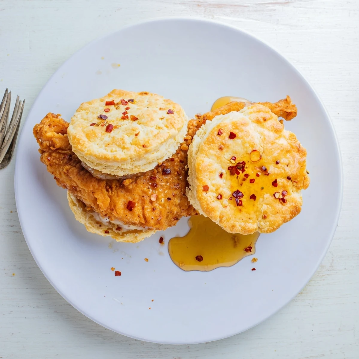 Golden hot honey chicken biscuits featuring crispy fried chicken stacked on fluffy butterm biscuits