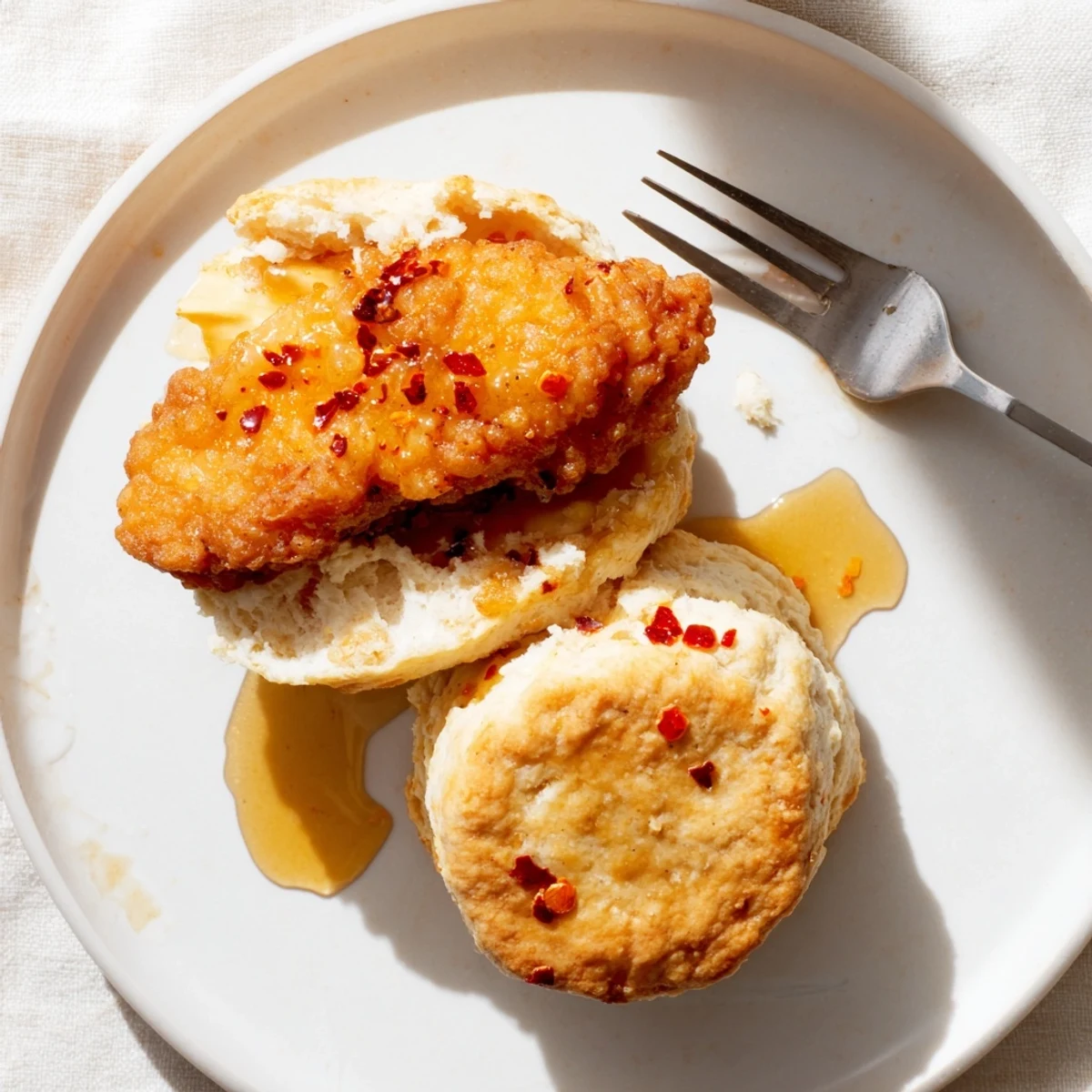 Southern-style hot honey chicken biscuits drizzled with spicy sweet honey glaze on a white plate