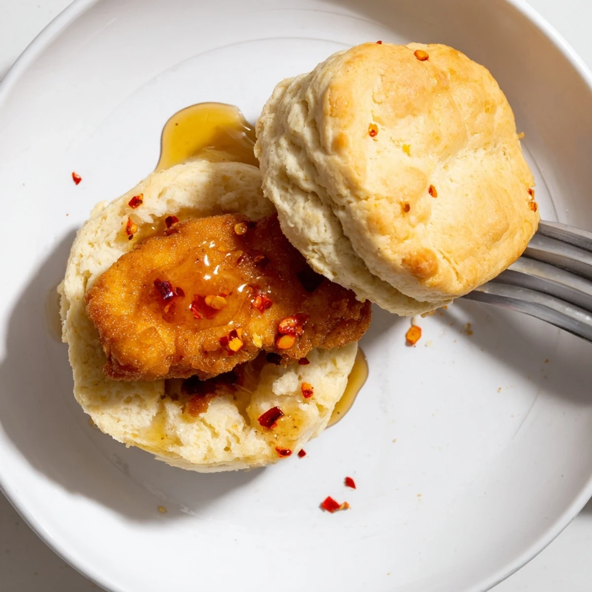 Split sandwich view of hot honey chicken biscuits with golden fried chicken and honey dripping down