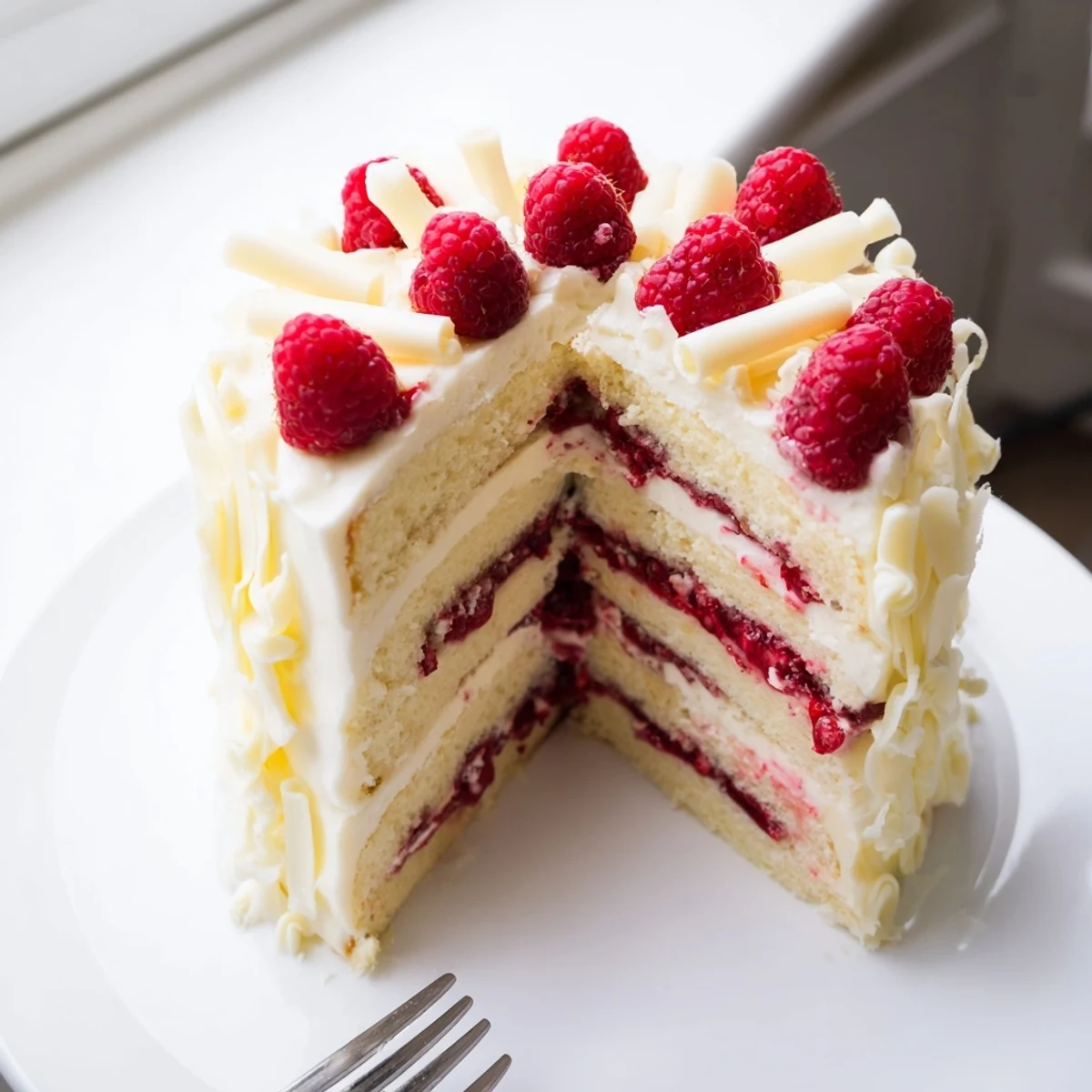 Elegant white chocolate raspberry dream cake with layers of moist sponge and fresh raspberry filling.