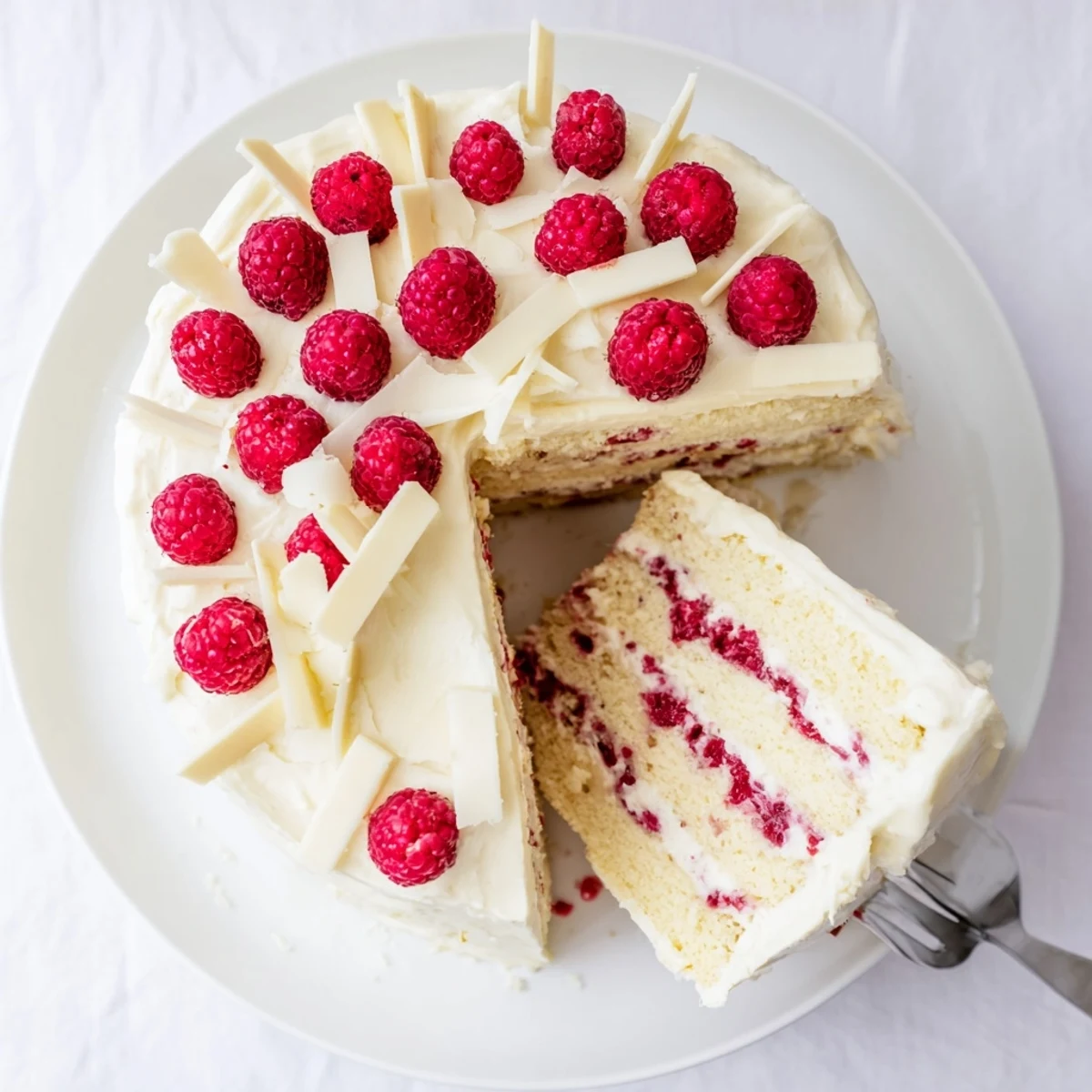 Decadent white chocolate raspberry dream cake topped with creamy frosting and garnished with fresh raspberries.
