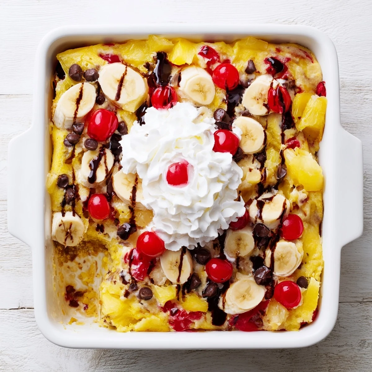 Baked banana split dump cake layered with pineapple, cherries, and chocolate chips in a 9x13 dish
