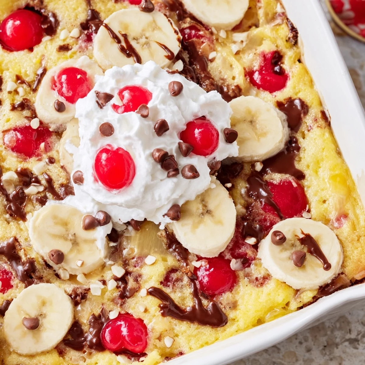 Golden banana split dump cake with bubbling fruit filling and buttery yellow cake topping