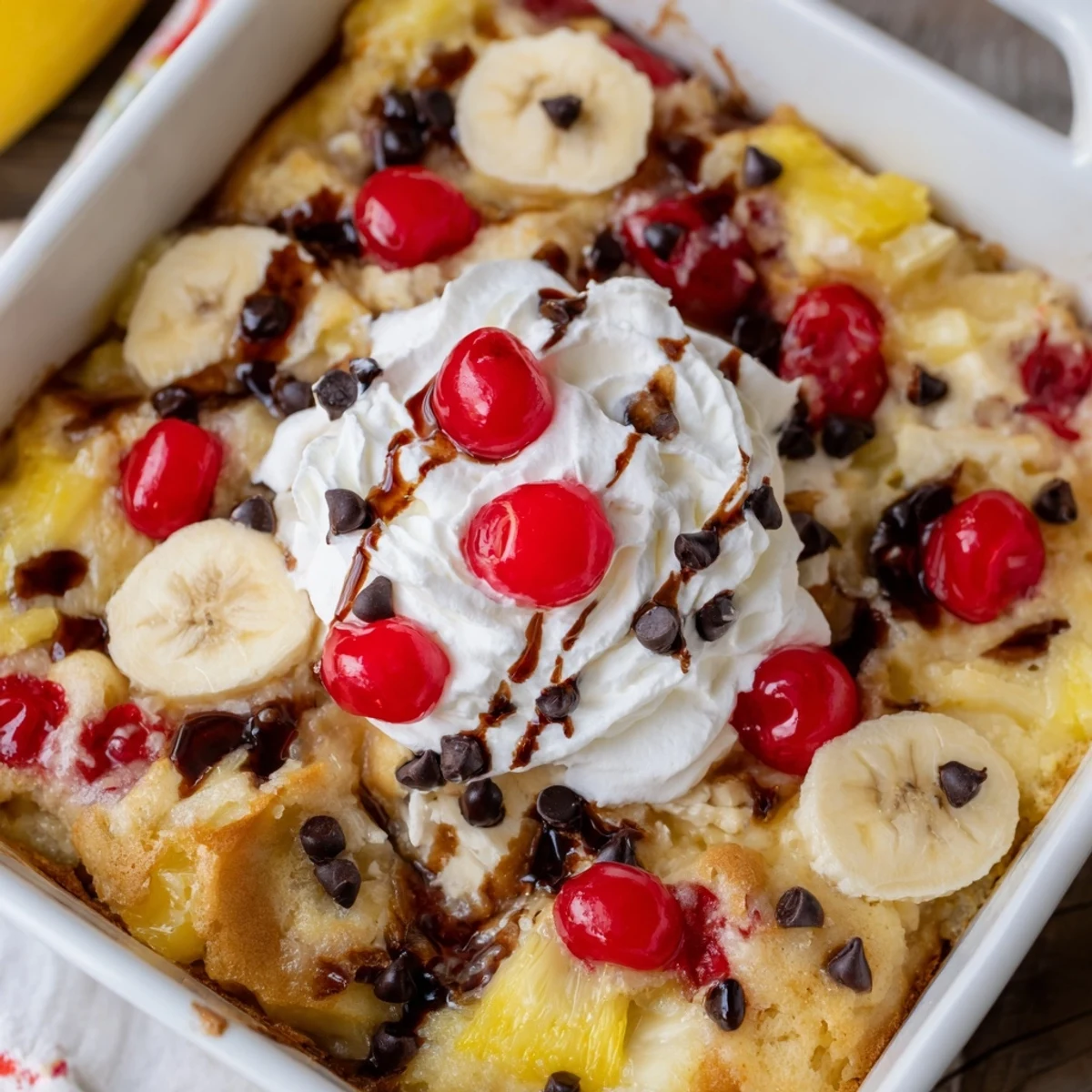 Warm banana split dump cake dessert topped with whipped cream, chocolate syrup, and maraschino cherries