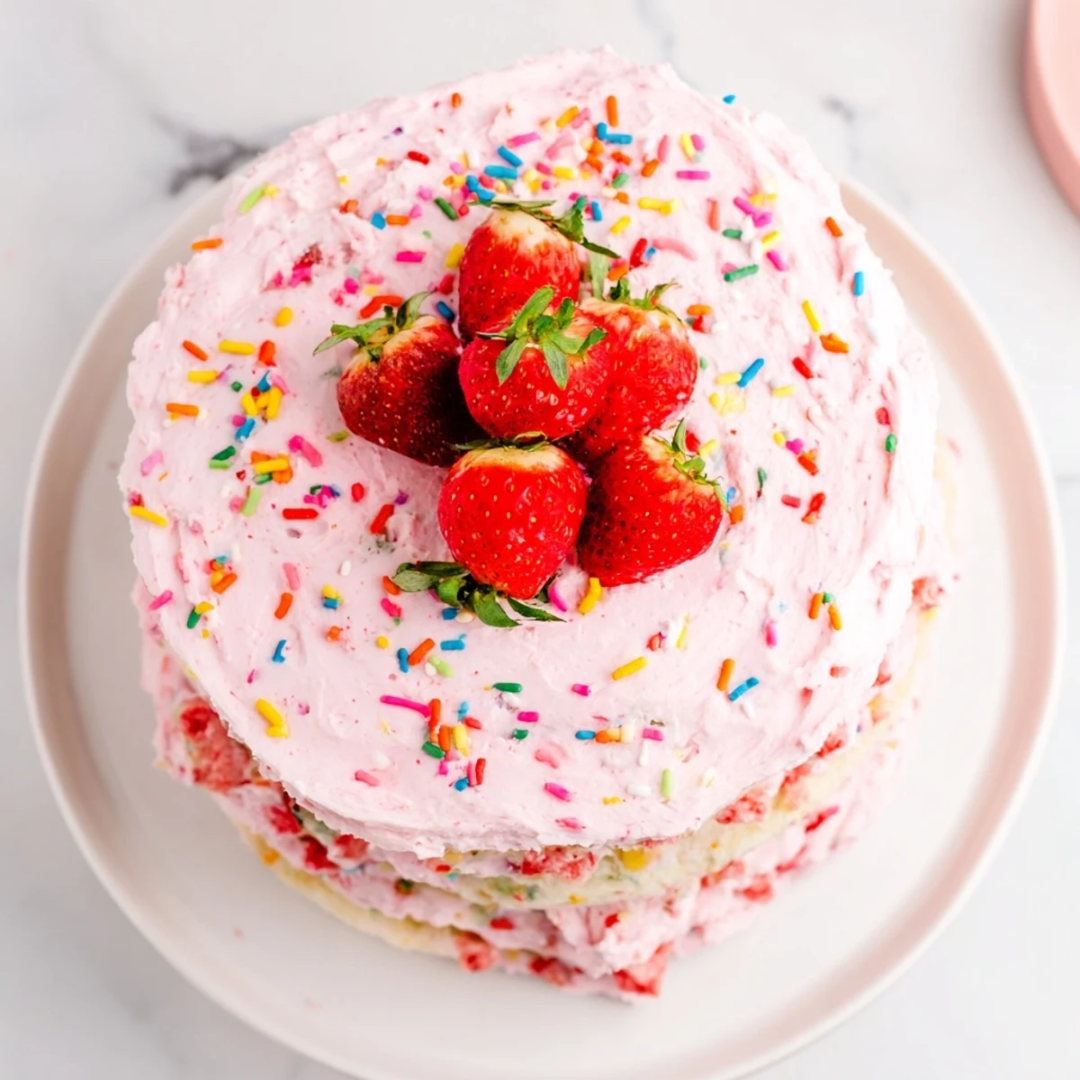 Slice of pink strawberry funfetti cake topped with luscious strawberry-infused buttercream frosting