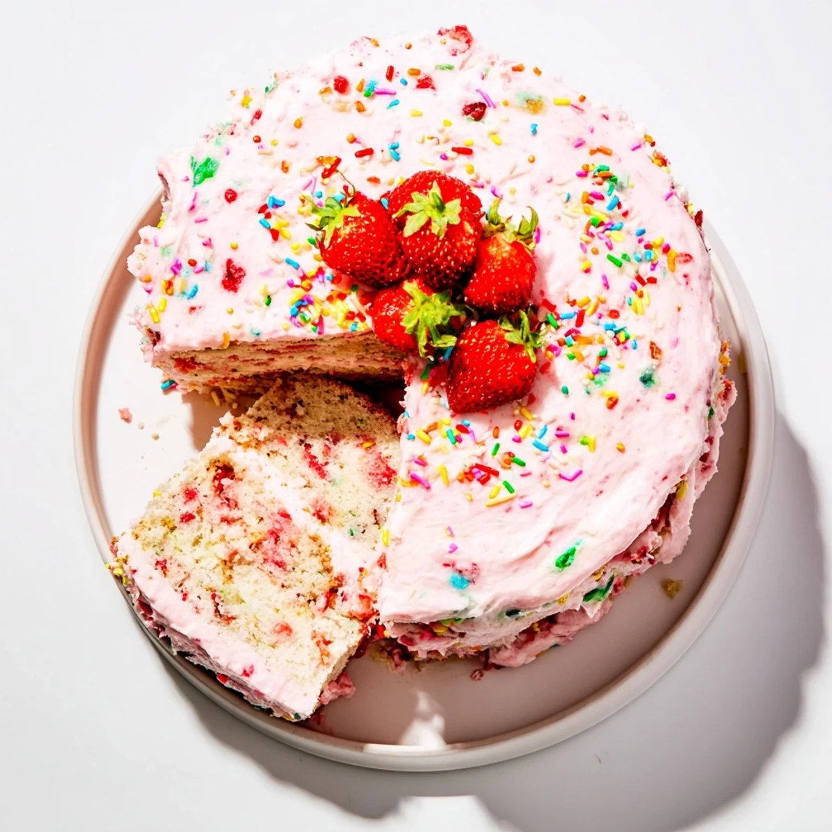 Whimsical strawberry funfetti cake layered with creamy strawberry buttercream and rainbow sprinkles