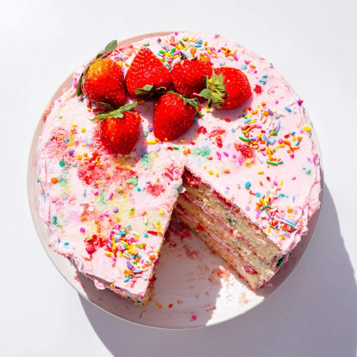 Colorful birthday-ready strawberry cake with fresh strawberry buttercream and vibrant rainbow sprinkles throughout