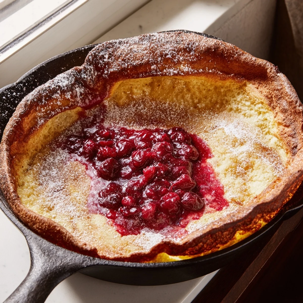 Golden puffed Dutch Baby pancake topped with vibrant red cranberry compote and powdered sugar