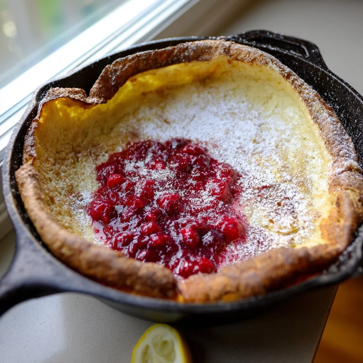 Fluffy oven-baked Dutch Baby pancake drizzled with tangy homemade cranberry sauce for brunch