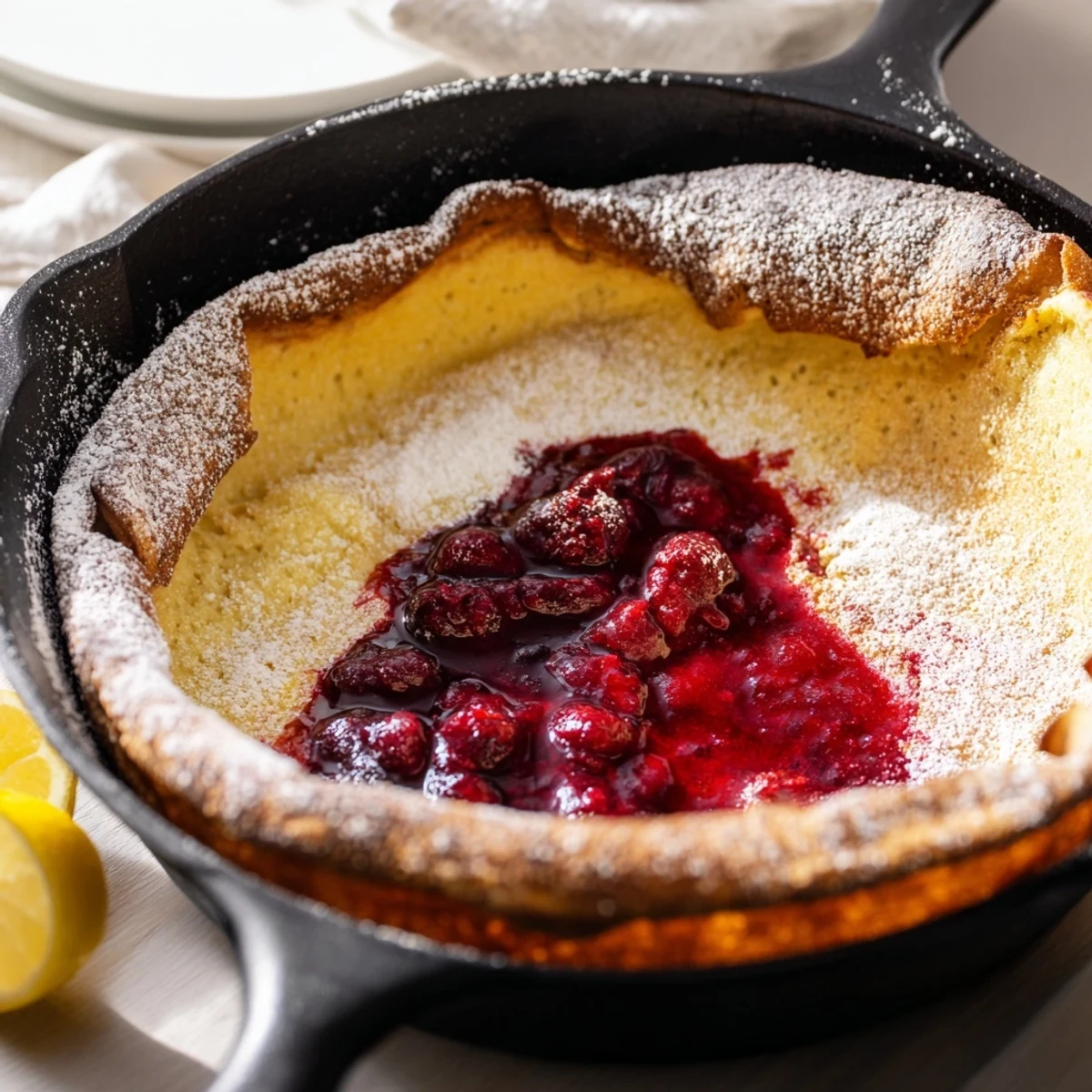 Warm Dutch Baby with cranberry compote served in cast iron skillet with lemon wedges