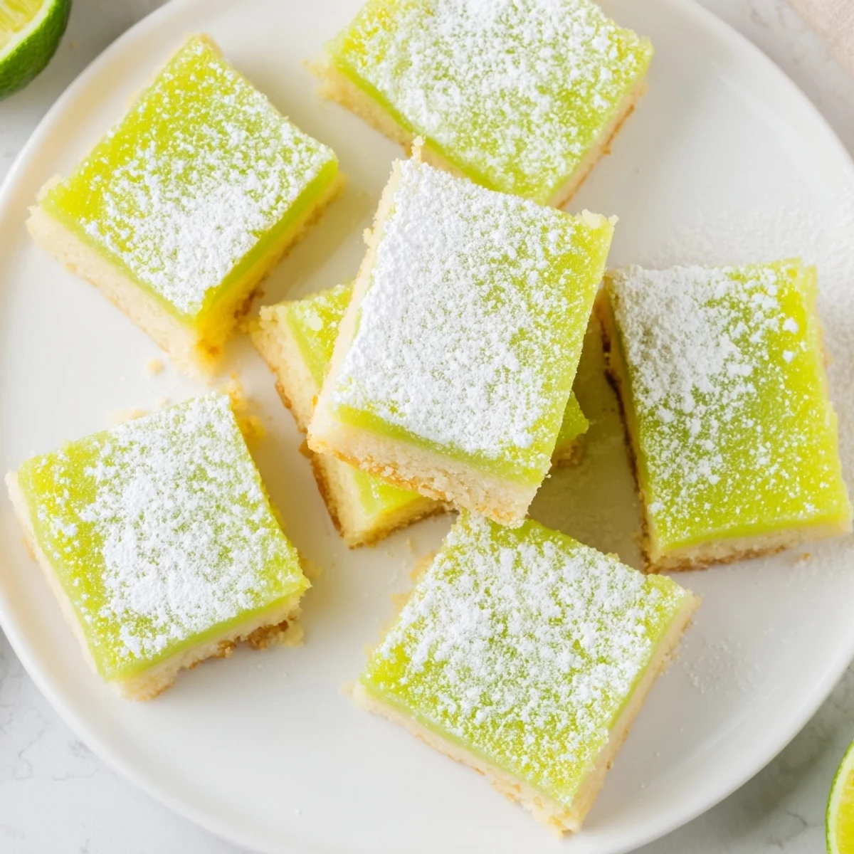 Freshly sliced lime citrus bars featuring bright green filling and buttery golden shortbread crust