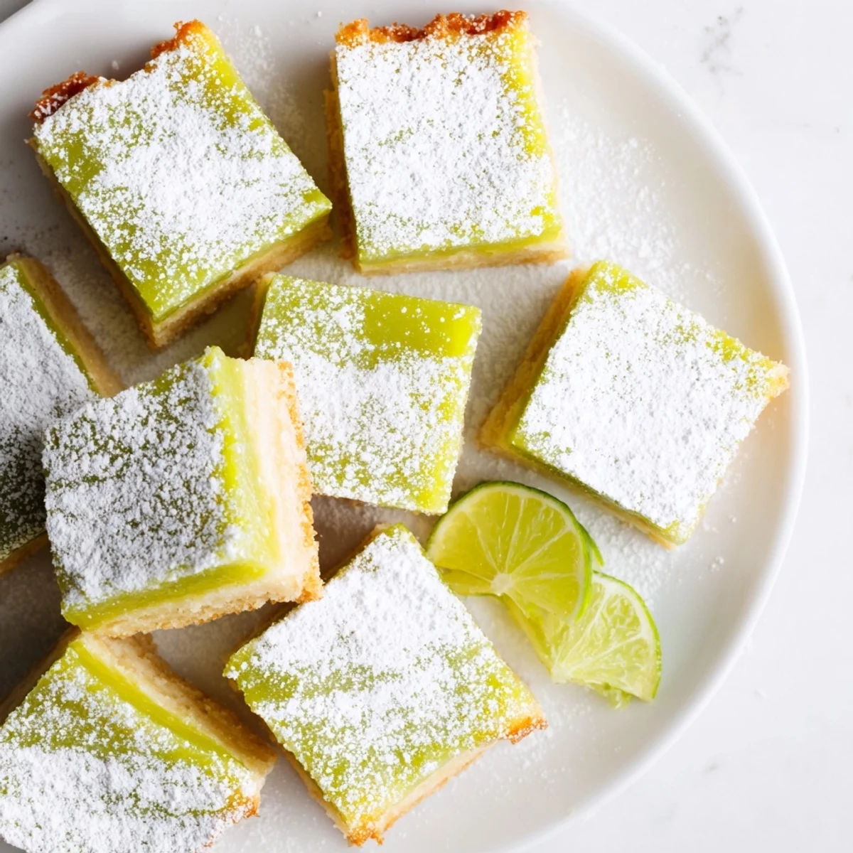 Close-up of tangy lime citrus bars topped with delicate powdered sugar and lime zest garnish