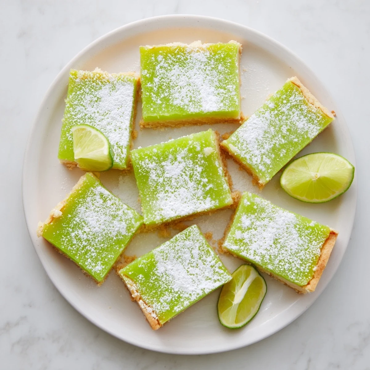 Golden zesty lime citrus bars with powdered sugar dusting on a white serving plate