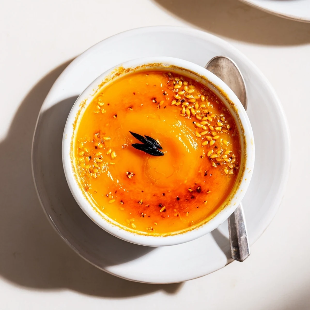 Golden caramelized sugar topping cracks over creamy Japanese sweet potato crème brûlée in a white ramekin