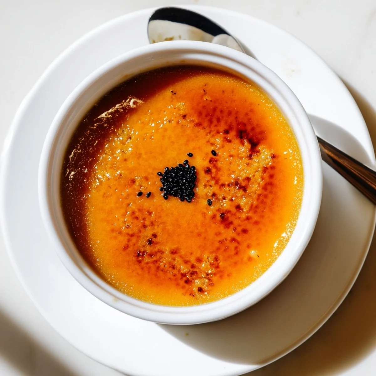 Silky smooth custard infused with sweet Japanese potato beneath a perfectly torched sugar crust