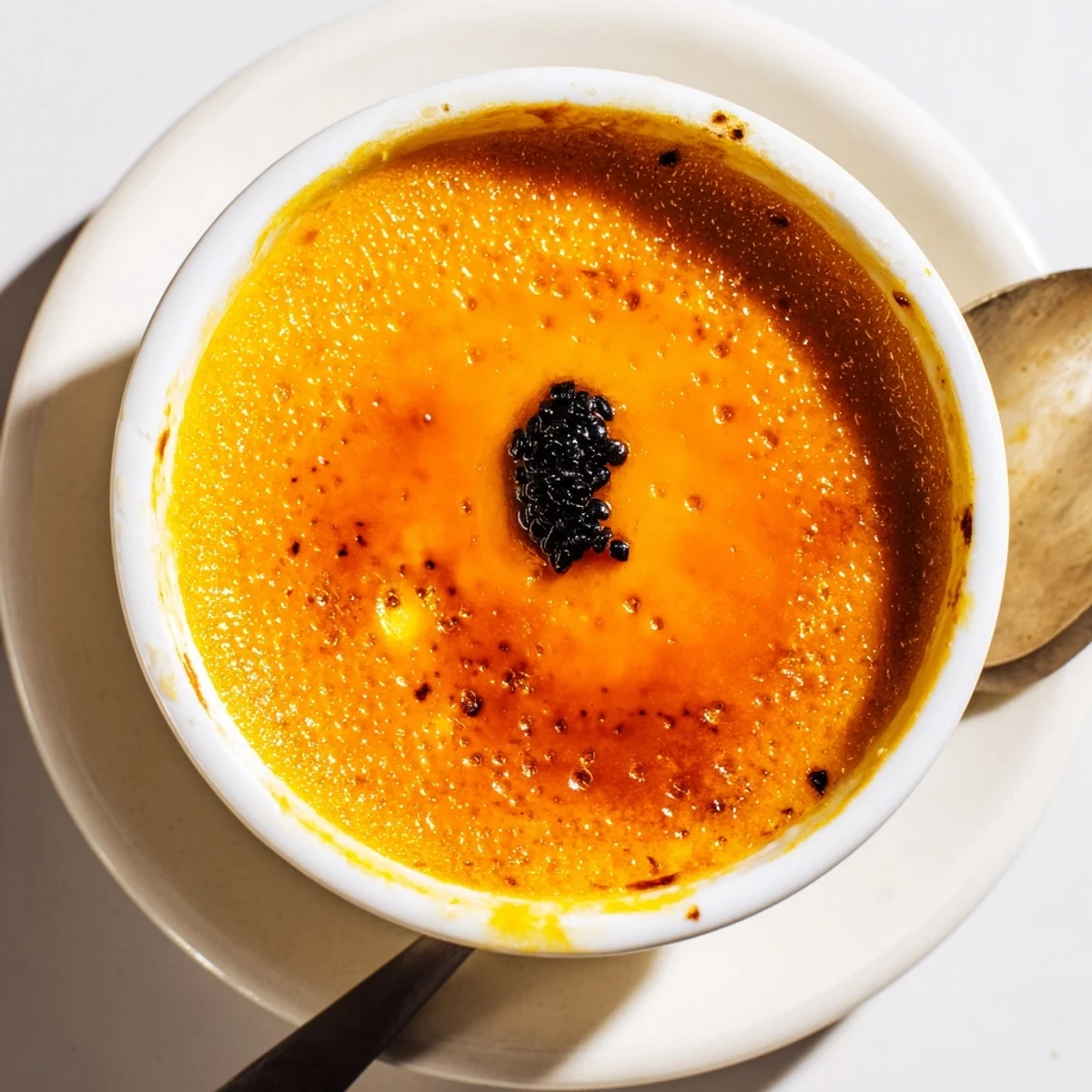 Individual Japanese sweet potato crème brûlée ramekins with golden cracked caramel topping ready to serve