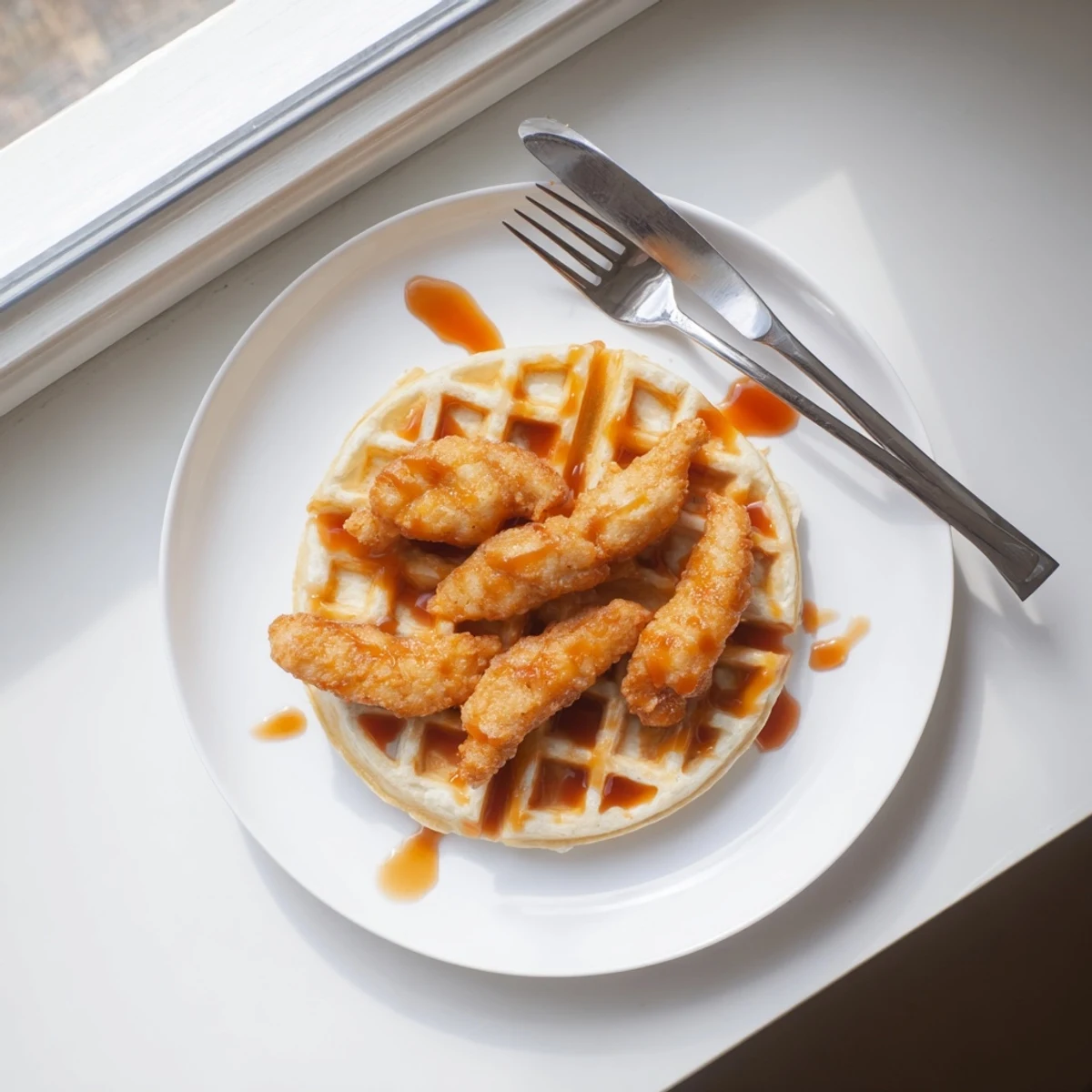 Crispy Southern-style vegan chicken strips resting fluffy waffles for Juneteenth celebration brunch