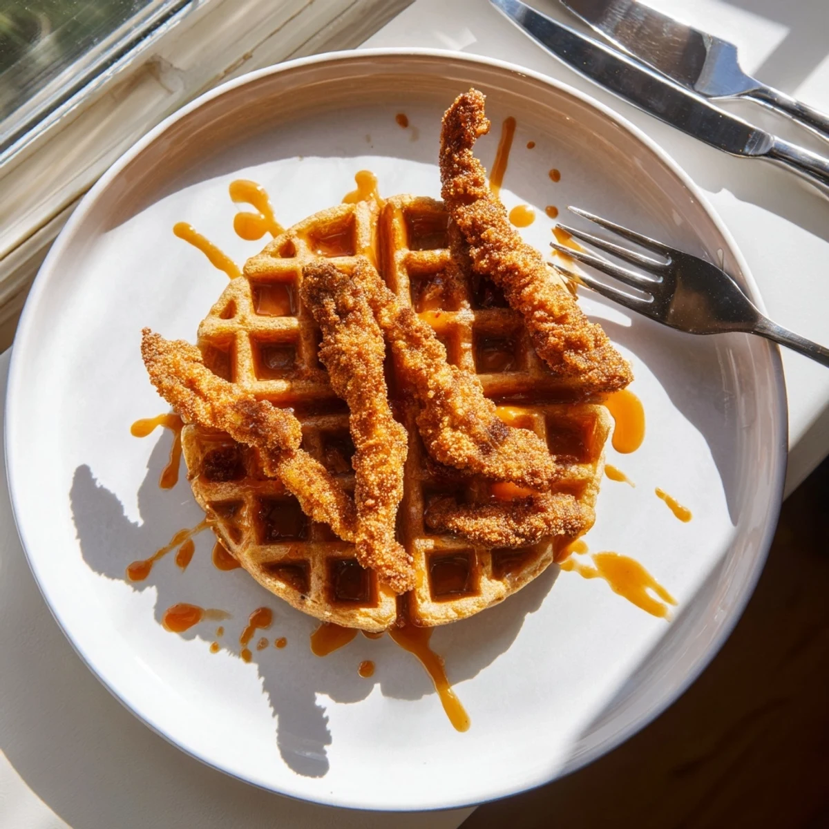 Golden vegan chicken and waffles topped with spicy maple drizzle on a white plate