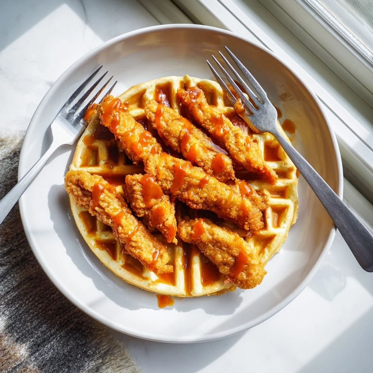 Stack of homemade waffles piled with fried oyster mushroom chicken and sweet syrup glaze