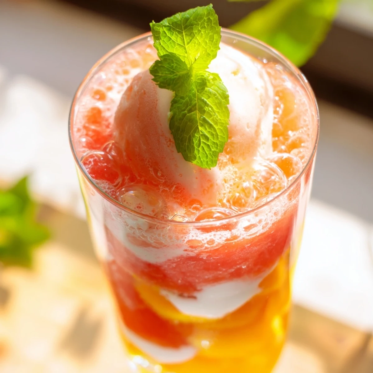 Tropical watermelon mango floats featuring layered fruit puree with bubbling soda and melting ice cream