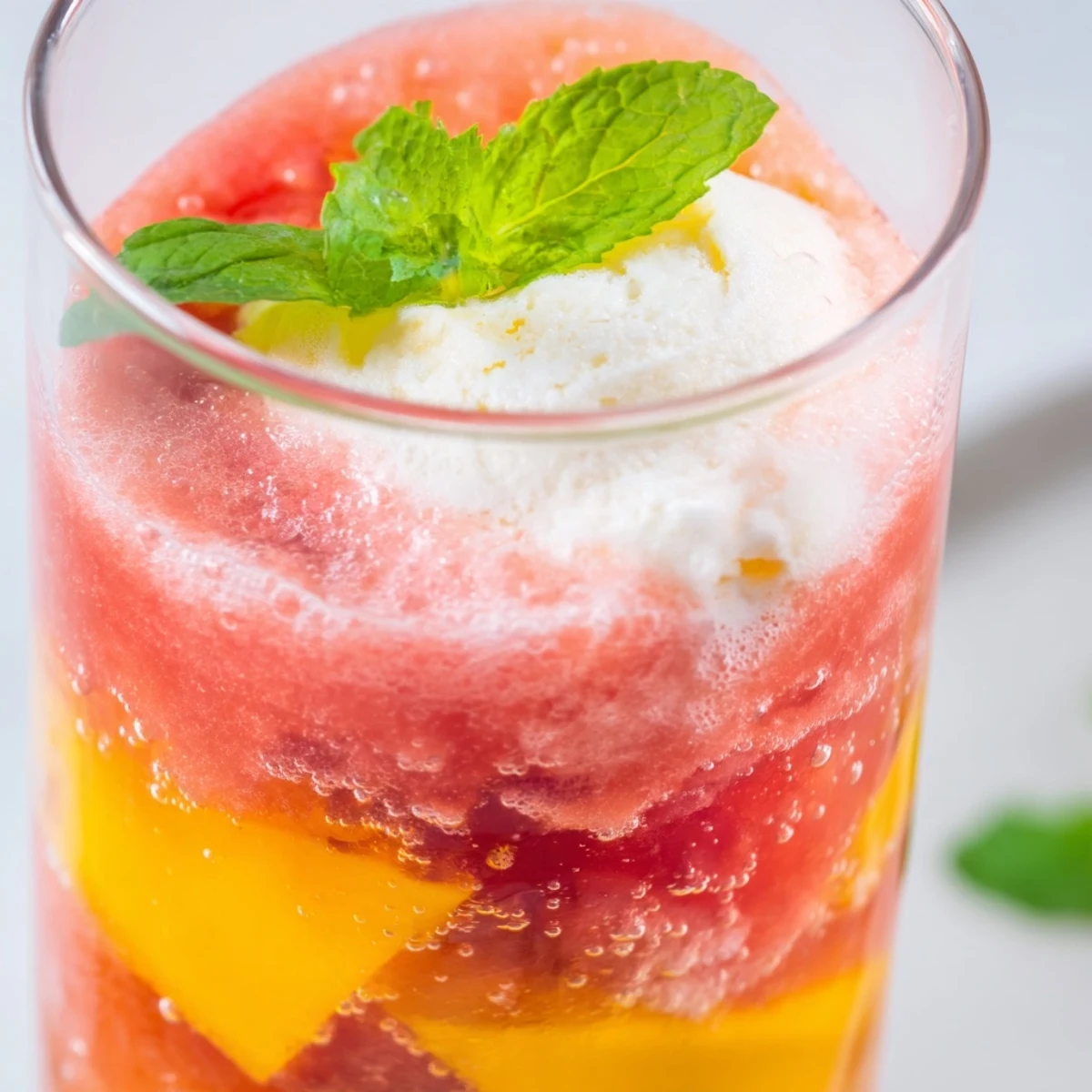 Vibrant watermelon mango floats garnished with fresh mint leaves served over sparkling lemon-lime soda