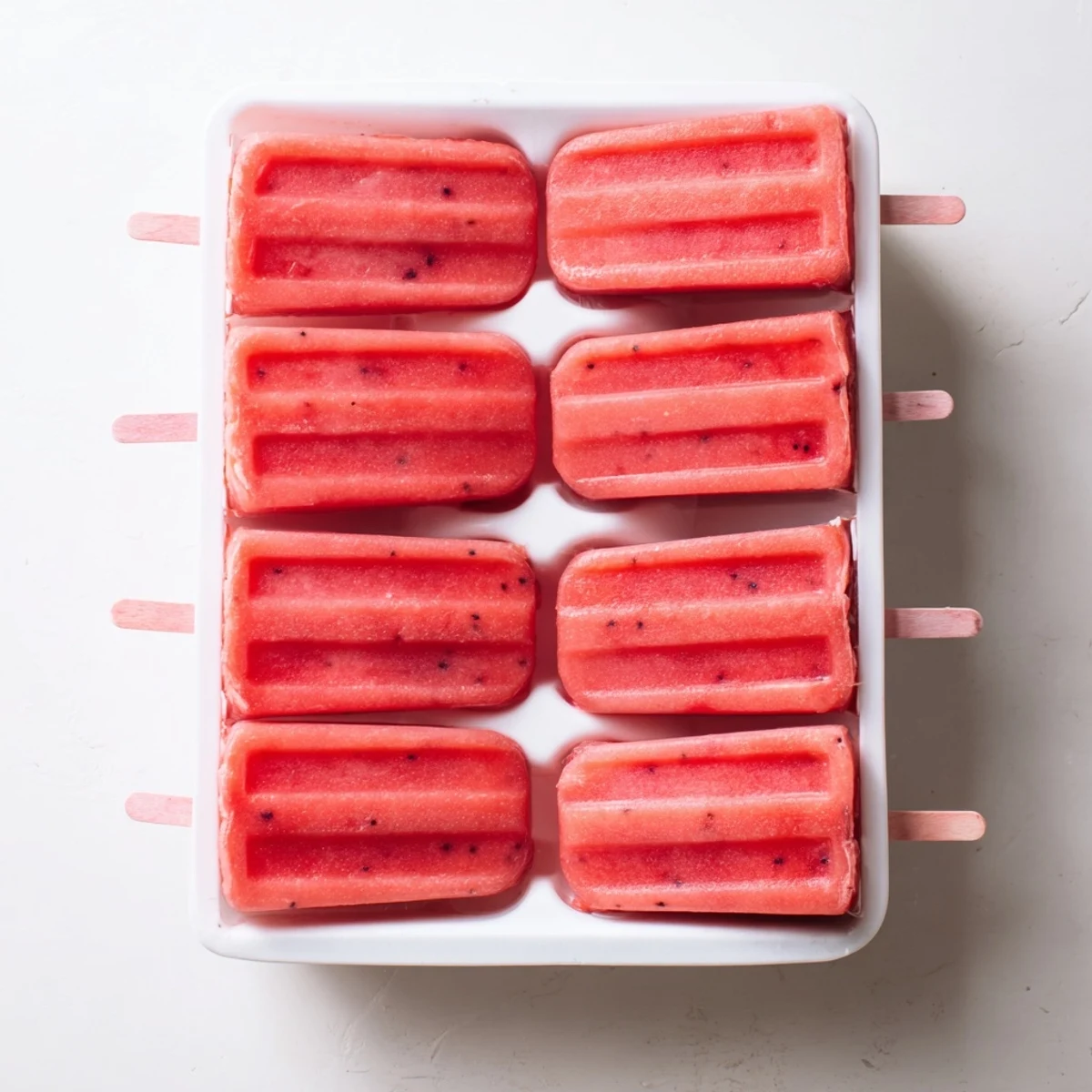 Homemade strawberry watermelon popsicles in colorful molds on a sunny wooden board