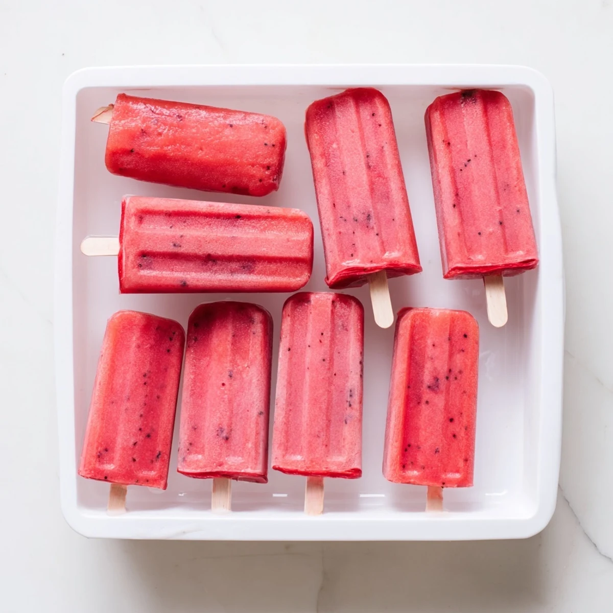 Vegan strawberry watermelon popsicles with vibrant red layers and wooden popsicle sticks exposed