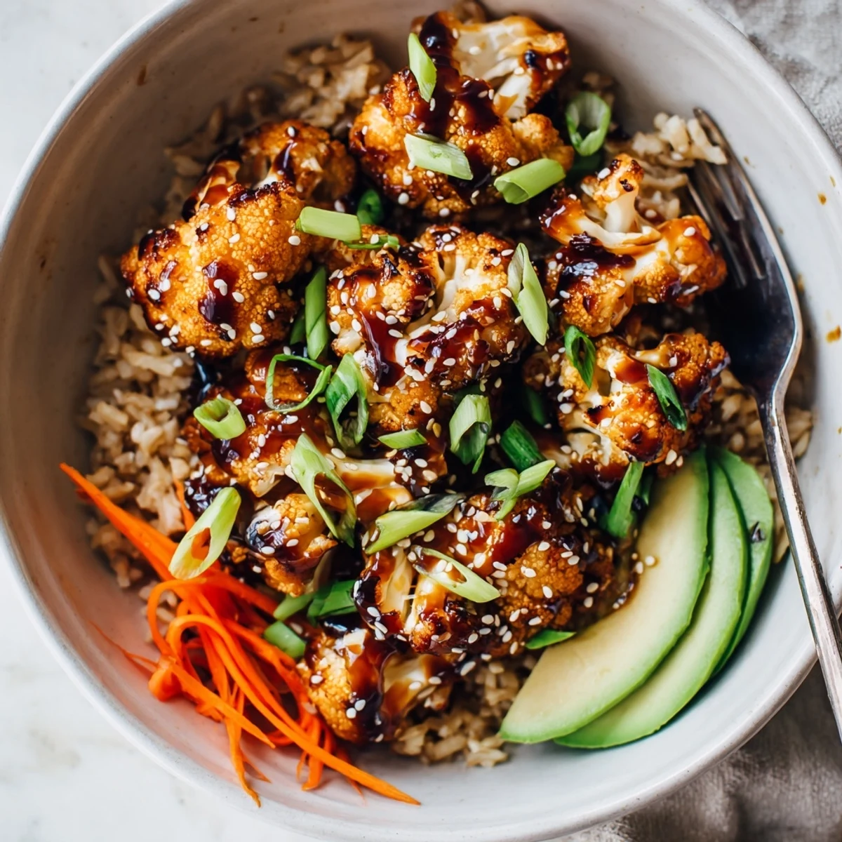 Warm Teriyaki Cauliflower Power Bowls topped with sliced avocado and sesame.