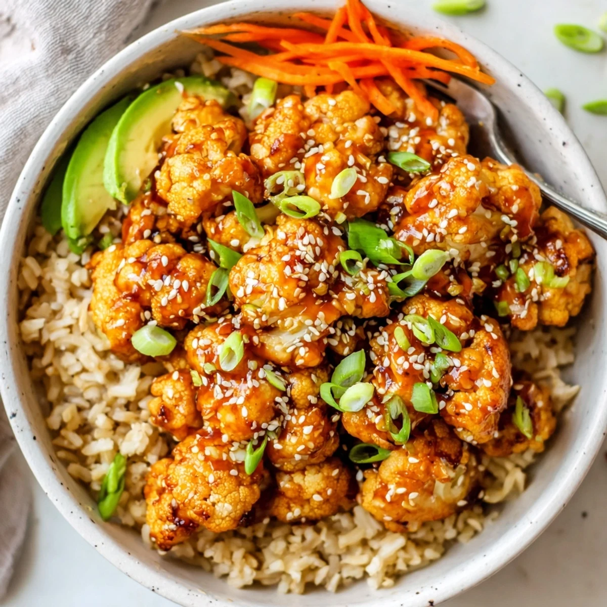 Teriyaki Cauliflower Power Bowls with glossy sauce, crispy florets over jasmine rice.