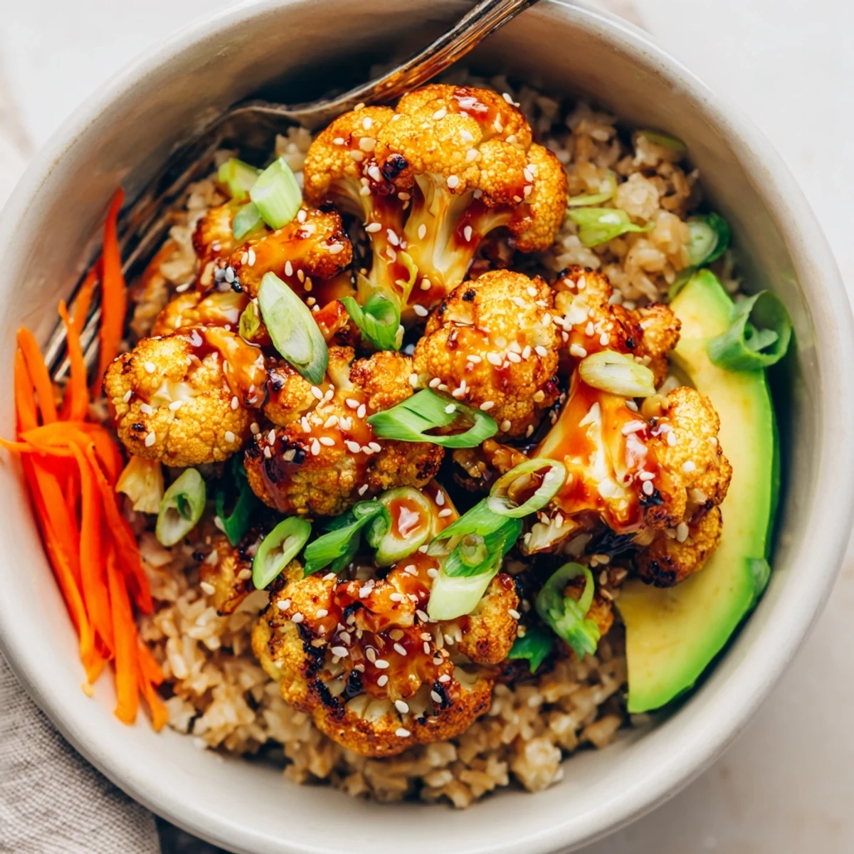 Roasted Teriyaki Cauliflower Power Bowls garnished with green onions, crunchy edamame.