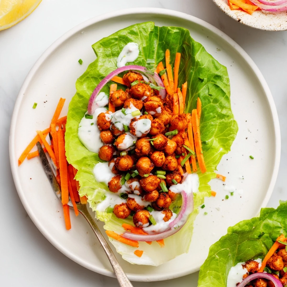 Skillet-seared Buffalo Chickpea Lettuce Wraps topped with crisp celery, lemon wedge