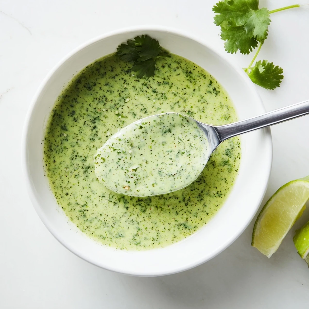 Zesty Cilantro Lime Fresh Dressing drizzled over grilled shrimp, herbaceous lime aroma.