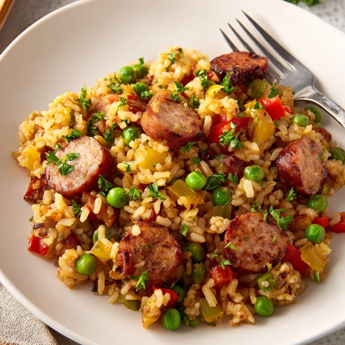 Golden crispy skillet rice with savory chicken sausage and colorful vegetables in a cast iron pan