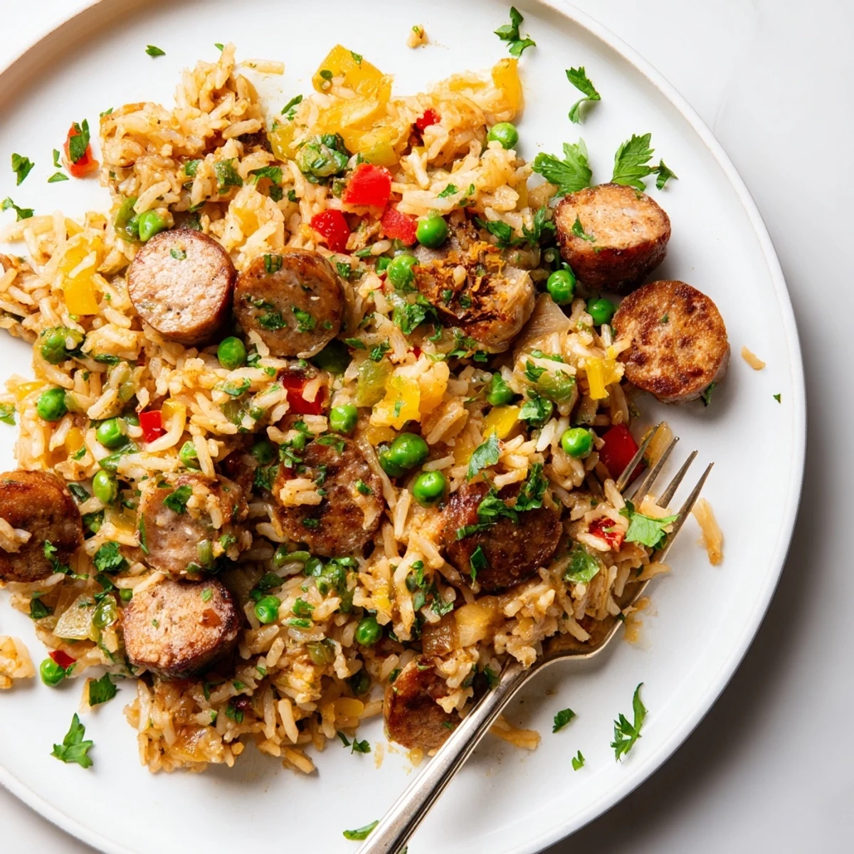 Comforting one-pan crispy skillet rice featuring browned chicken sausage, peas, and red bell pepper slices