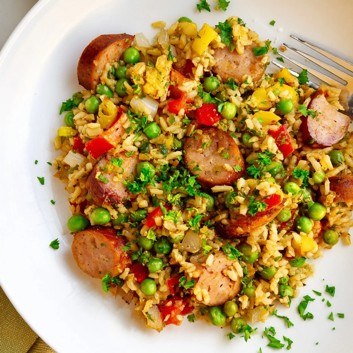 Sizzling crispy skillet rice dish topped with sliced chicken sausage, bright peas, and fresh parsley garnish