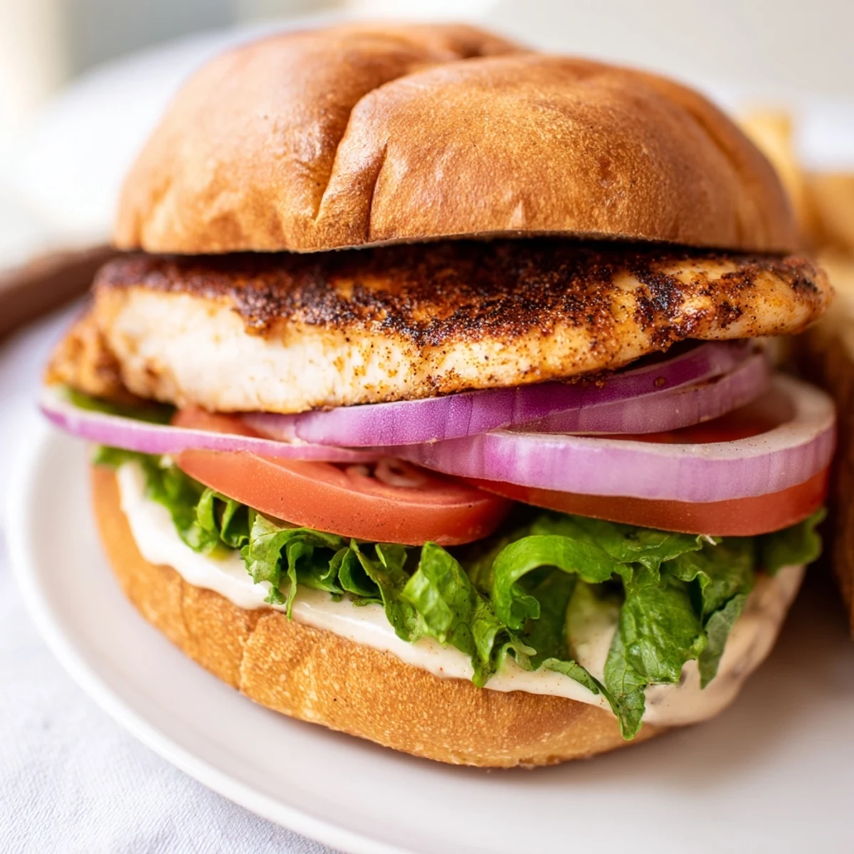 Juicy grilled chicken breast seasoned with smoked paprika and cumin served on a toasted sandwich roll with crisp vegetables