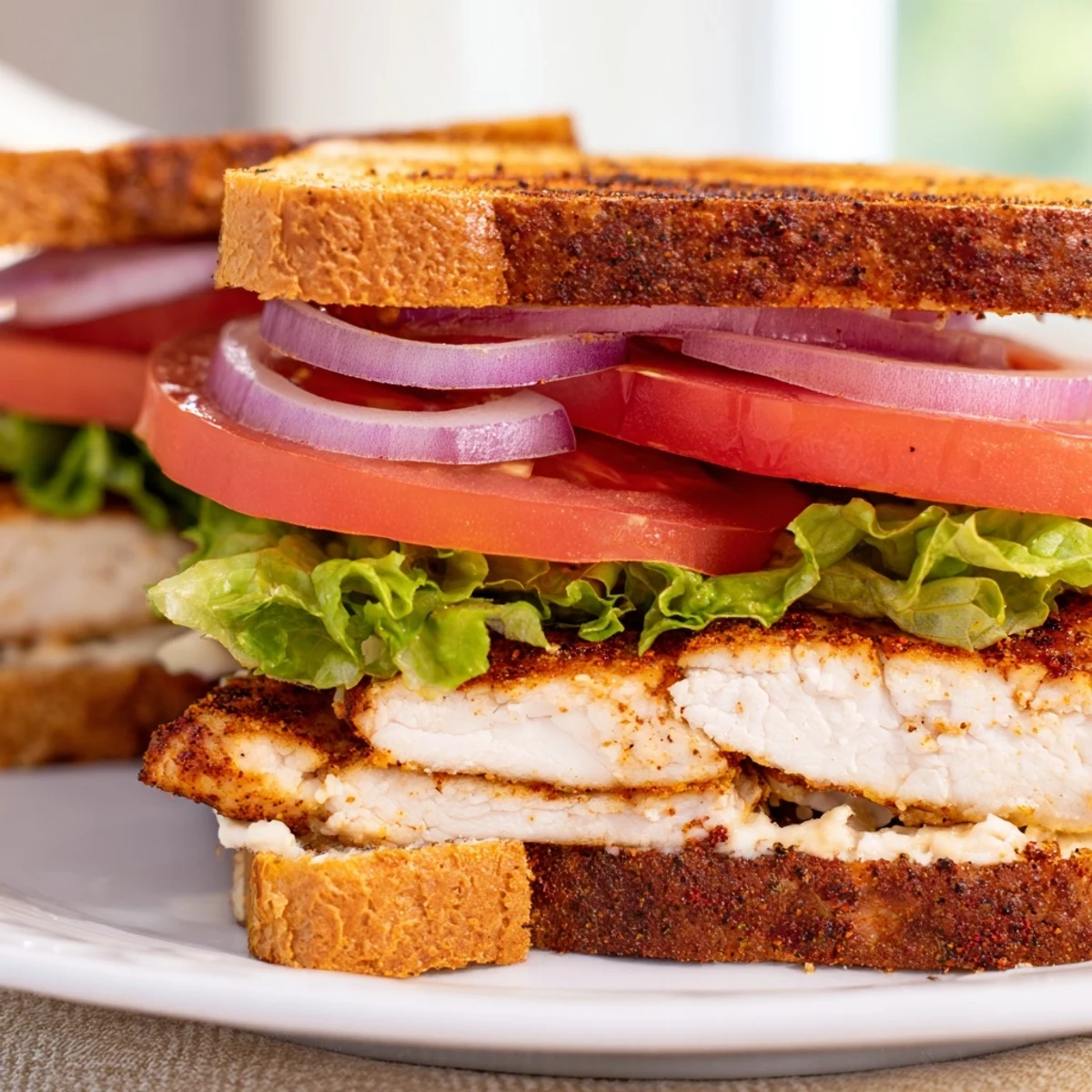 Golden brown savory spiced chicken sandwich stacked with fresh lettuce tomato and red onion on a toasted bun