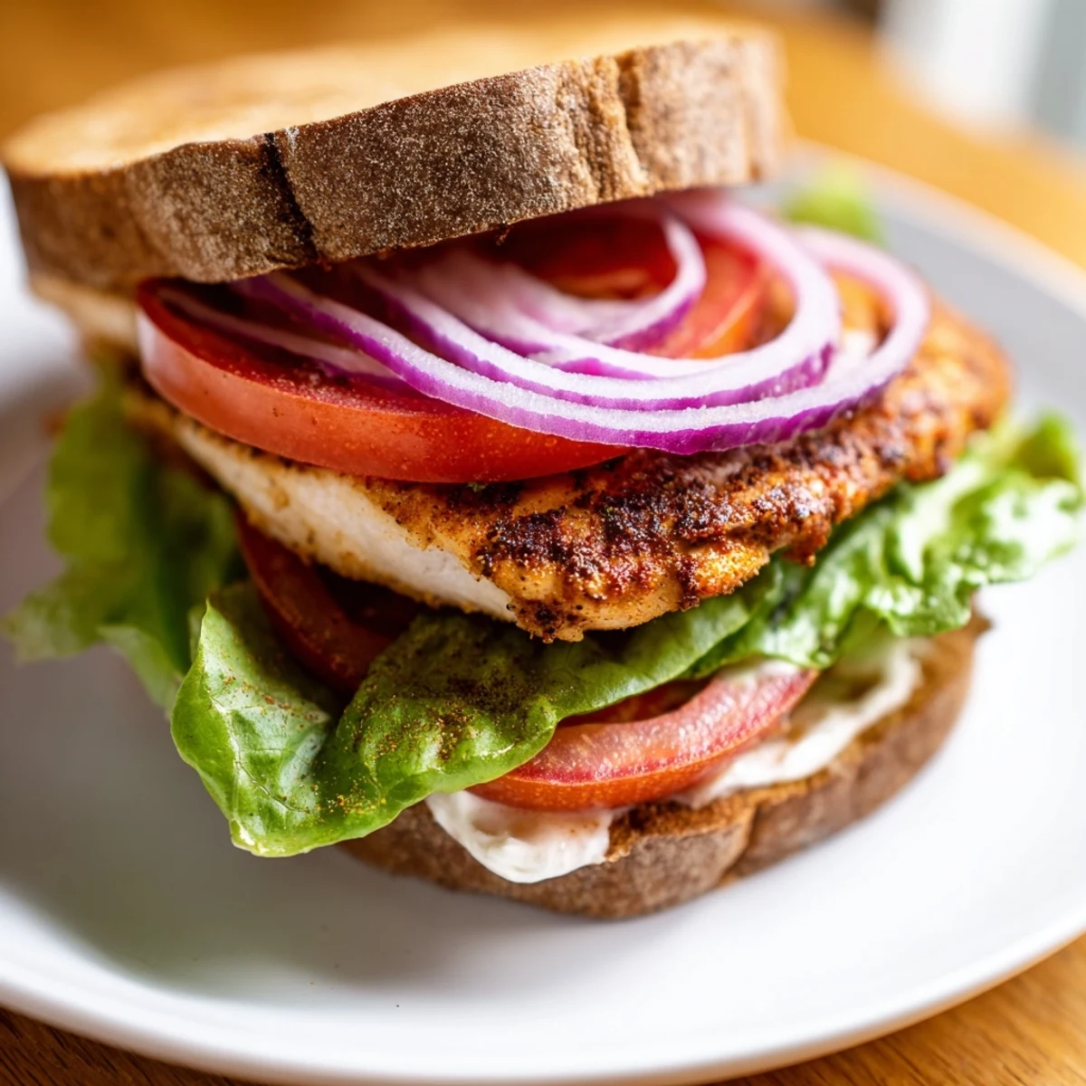 Homemade savory spiced chicken sandwich featuring spice-rubbed grilled chicken layered with creamy mayo mustard sauce and crisp garden toppings