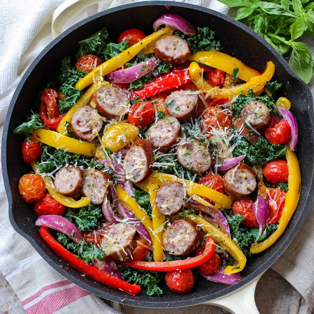 Sausage peppers greens skillet one pan dinner featuring browned Italian sausage with colorful red and yellow bell peppers and wilted kale in a large cast iron pan