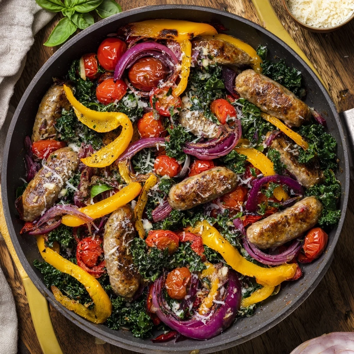 Hearty sausage peppers greens skillet dinner served hot with fresh Parmesan cheese and basil garnish over tender vegetables and juicy sliced sausage links