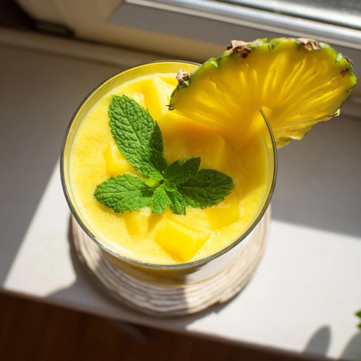 Golden yellow Tropical Pineapple Mango Smoothie poured into a glass with fresh mint garnish