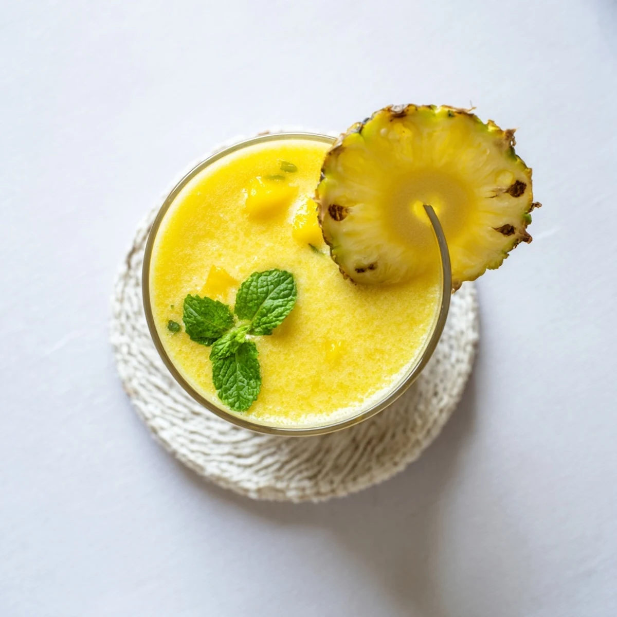 Vibrant orange Tropical Pineapple Mango Smoothie in a tall glass with pineapple wedge garnish