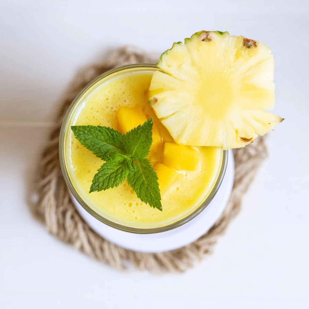 Creamy blended Tropical Pineapple Mango Smoothie recipe topped with tropical fruit slices and ice