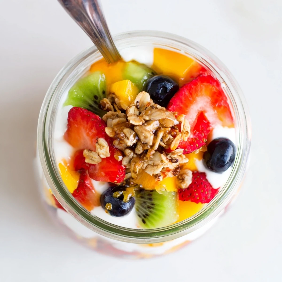 Close-up of creamy Greek yogurt parfait recipe drizzled with golden honey and layered with vibrant mixed fresh berries