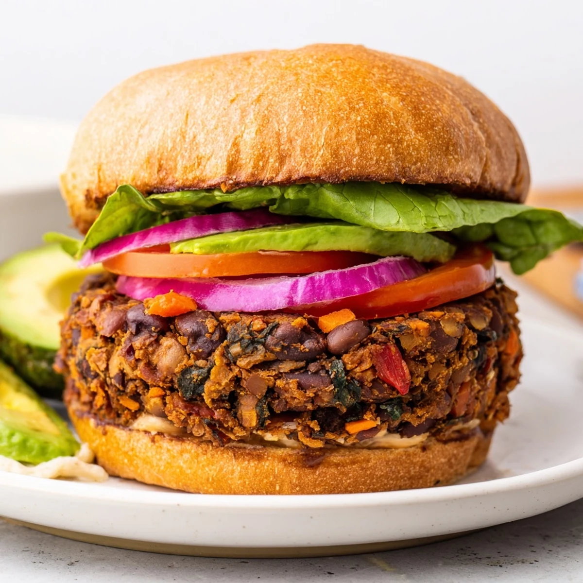 Golden brown veggie burger patties sizzling in a skillet with visible black beans and colorful diced vegetables