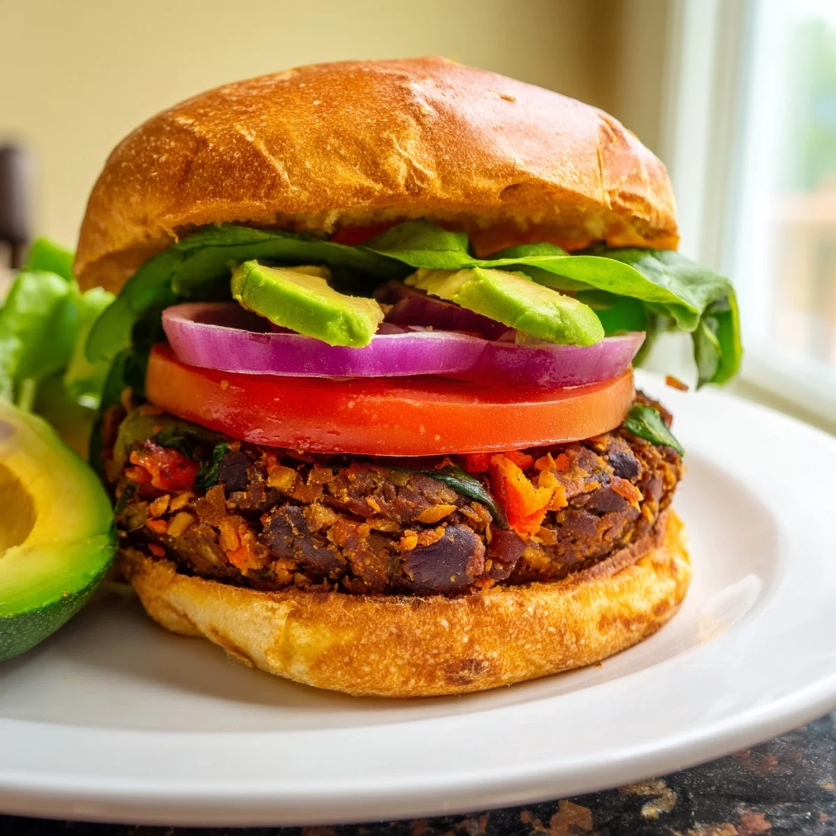 Hearty homemade veggie burger stacked on a toasted bun with fresh lettuce, tomato, and creamy avocado
