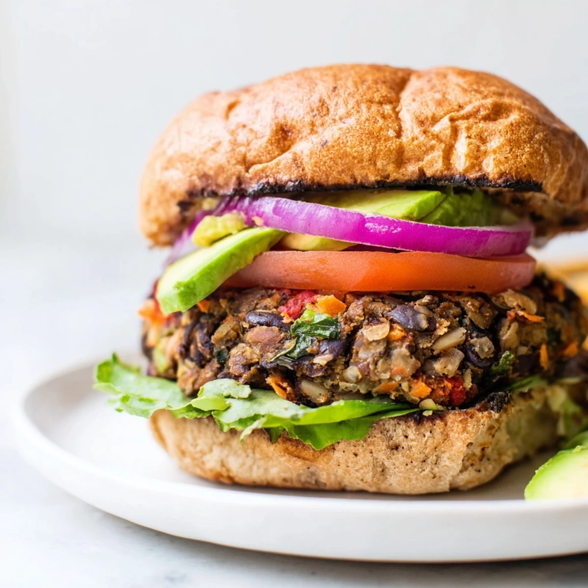 Close-up of black bean veggie burger featuring vibrant red peppers, spinach, and golden crispy edges on a white plate